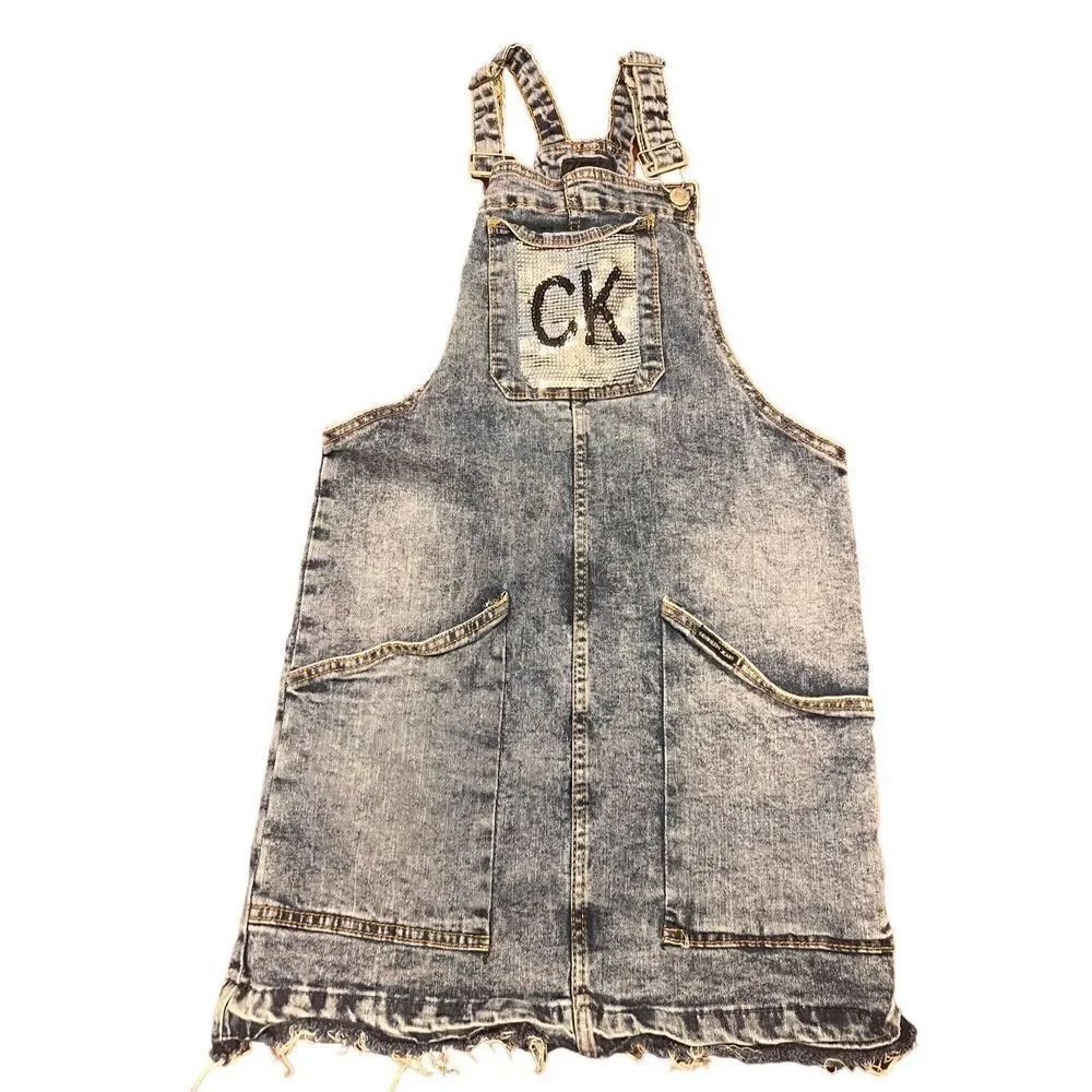 Calvin Klein denim sequin CK overall dress girls 12/14 large